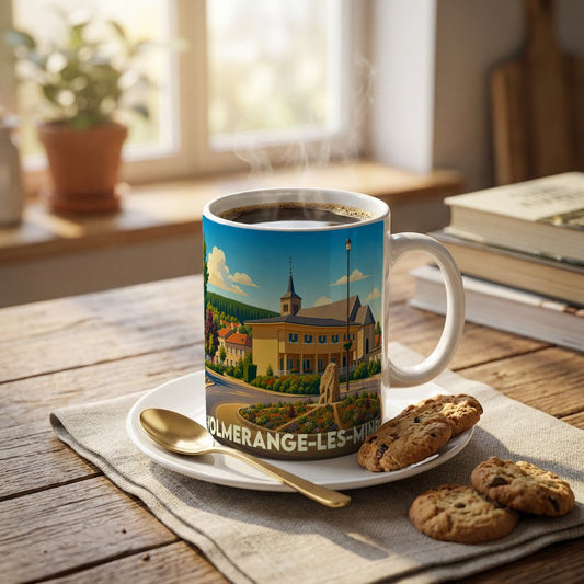 Mug souvenir de la ville de Volmerange-les-Mines avec une illustration stylisée et colorée.