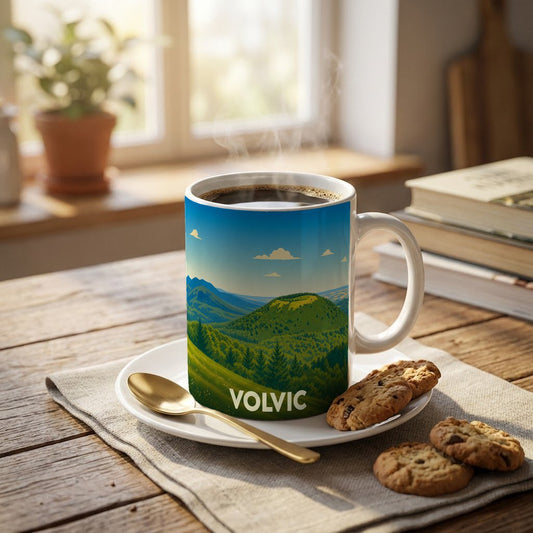 Mug souvenir de la ville de Volvic avec une illustration stylisée de paysages volcaniques.