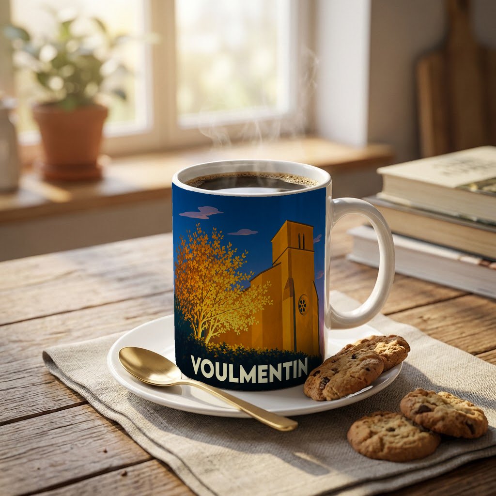 Mug souvenir de la ville de Voulmentin avec une illustration stylisée d'une église et d'un arbre en automne.