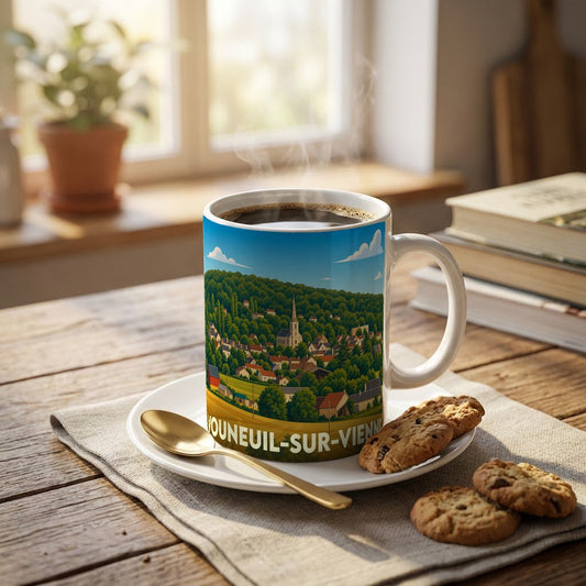 Mug souvenir de la ville de Vouneuil-sur-Vienne avec une illustration stylisée d'un village verdoyant.