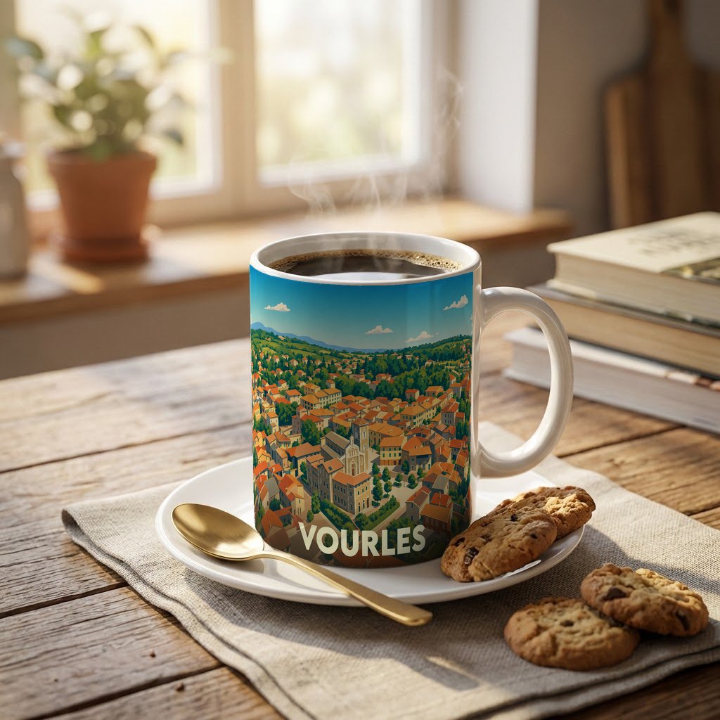 Mug souvenir de la ville de Vourles illustré d'un panorama urbain coloré.