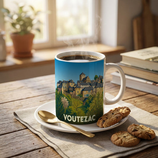 Mug souvenir de la ville de Voutezac orné d'une illustration stylisée du village.