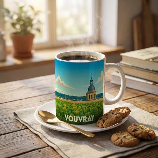 Mug souvenir de la ville de Vouvray avec une illustration stylisée d'un vignoble et d'un monument historique.