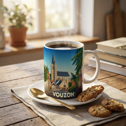 Mug souvenir de la ville de Vouzon avec une illustration stylisée d'un clocher d'église.