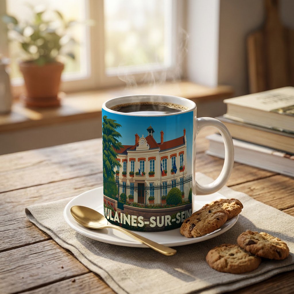 Mug souvenir de la ville de Vulaines-sur-Seine avec une illustration stylisée de sa mairie.