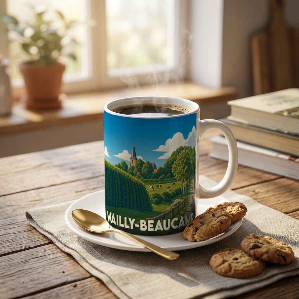 Mug souvenir de la ville de Wailly-Beaucamp avec une illustration de paysage champêtre.
