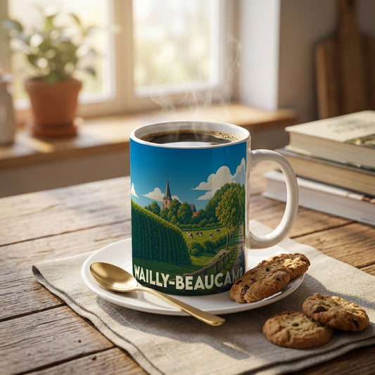 Mug souvenir de la ville de Wailly-Beaucamp avec une illustration de paysage champêtre.