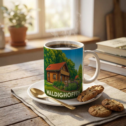 Mug souvenir de la ville de Waldighoffen illustré par un chalet entouré de nature.