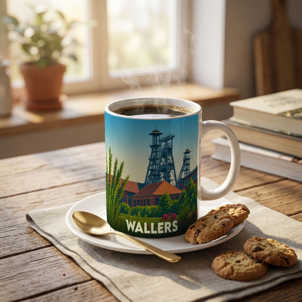 Mug souvenir de la ville de Wallers illustré d'un paysage industriel stylisé.