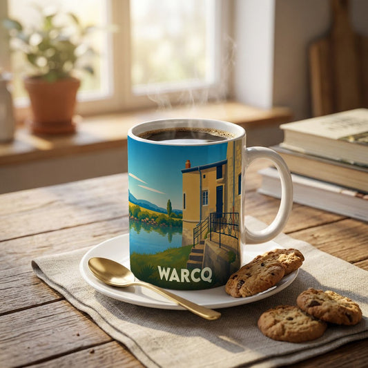 Mug souvenir de la ville de Warcq illustré d'un paysage côtier stylisé.
