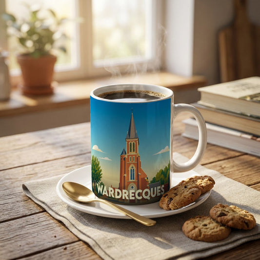 Mug souvenir de la ville de Wardrecques orné d'une illustration stylisée de son église.