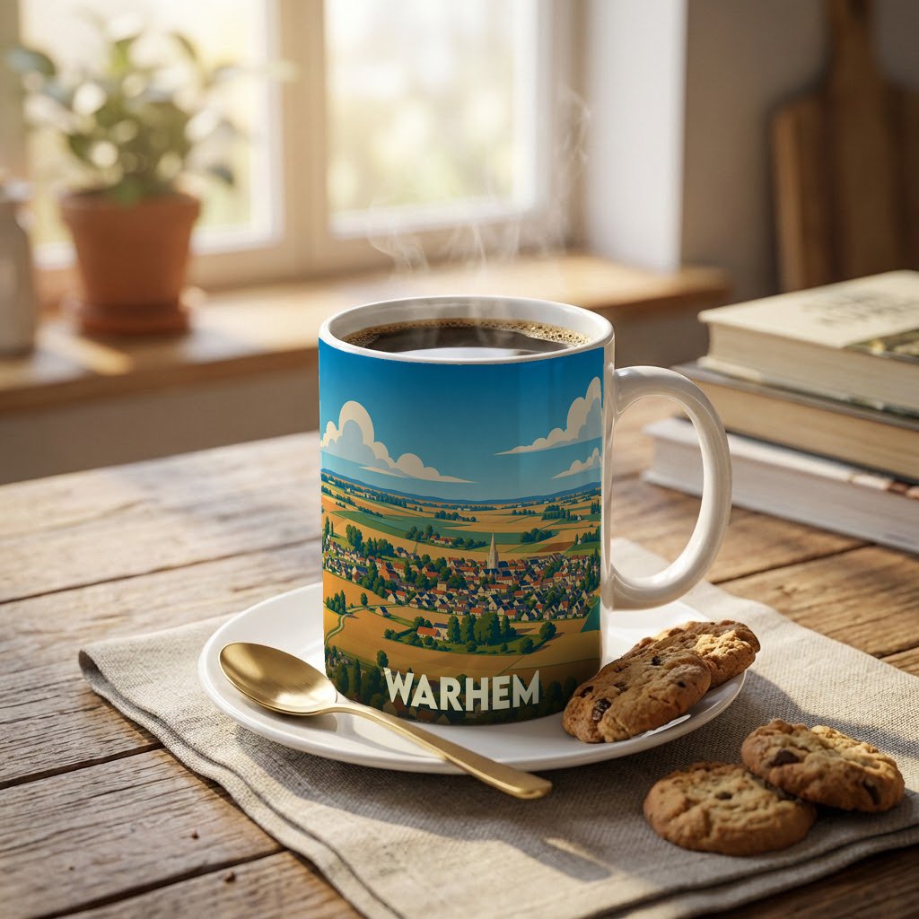 Mug souvenir de la ville de Warhem avec une illustration panoramique stylisée.