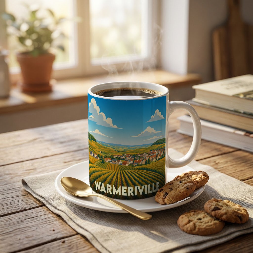 Mug souvenir de la ville de Warmeriville orné d'une illustration stylisée de paysages vallonnés.