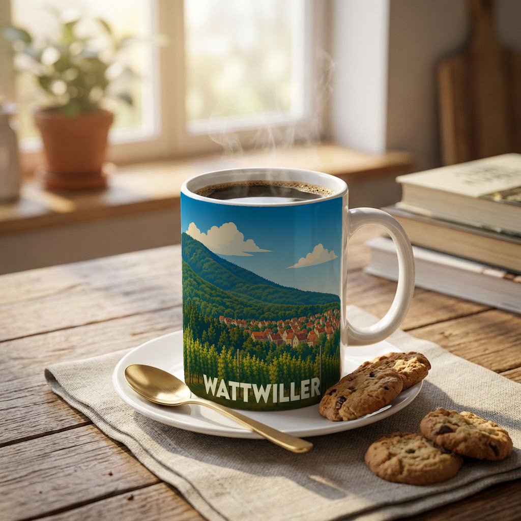 Mug souvenir de la ville de Wattwiller orné d'une illustration stylisée de son paysage vallonné.