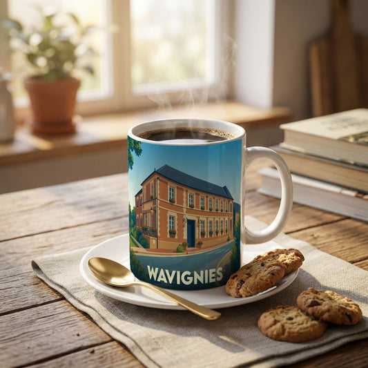 Mug souvenir de la ville de Wavignies orné d'une illustration stylisée de son architecture locale.