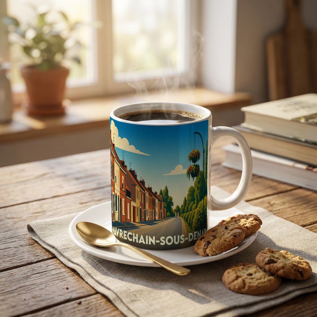 Mug souvenir de la ville de Wavrechain-sous-Denain orné d'une illustration colorée et stylisée de ses rues.