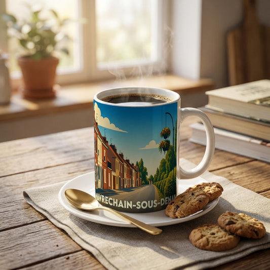 Mug souvenir de la ville de Wavrechain-sous-Denain orné d'une illustration colorée et stylisée de ses rues.