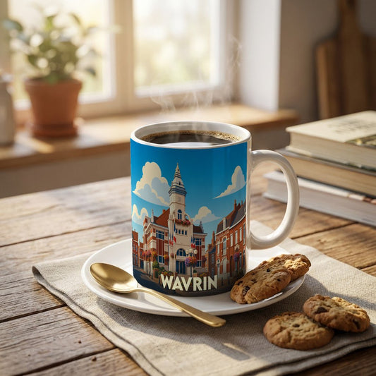 Mug souvenir de la ville de Wavrin avec une illustration colorée de son architecture.