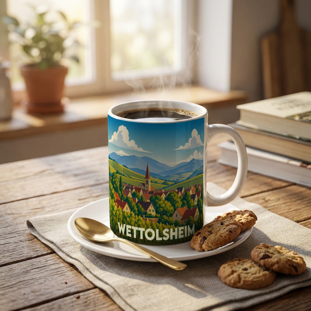 Mug souvenir de la ville de Wettolsheim avec une illustration stylisée de son paysage alsacien.