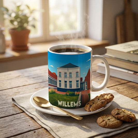 Mug souvenir de la ville de Willems avec une illustration stylisée de son architecture.