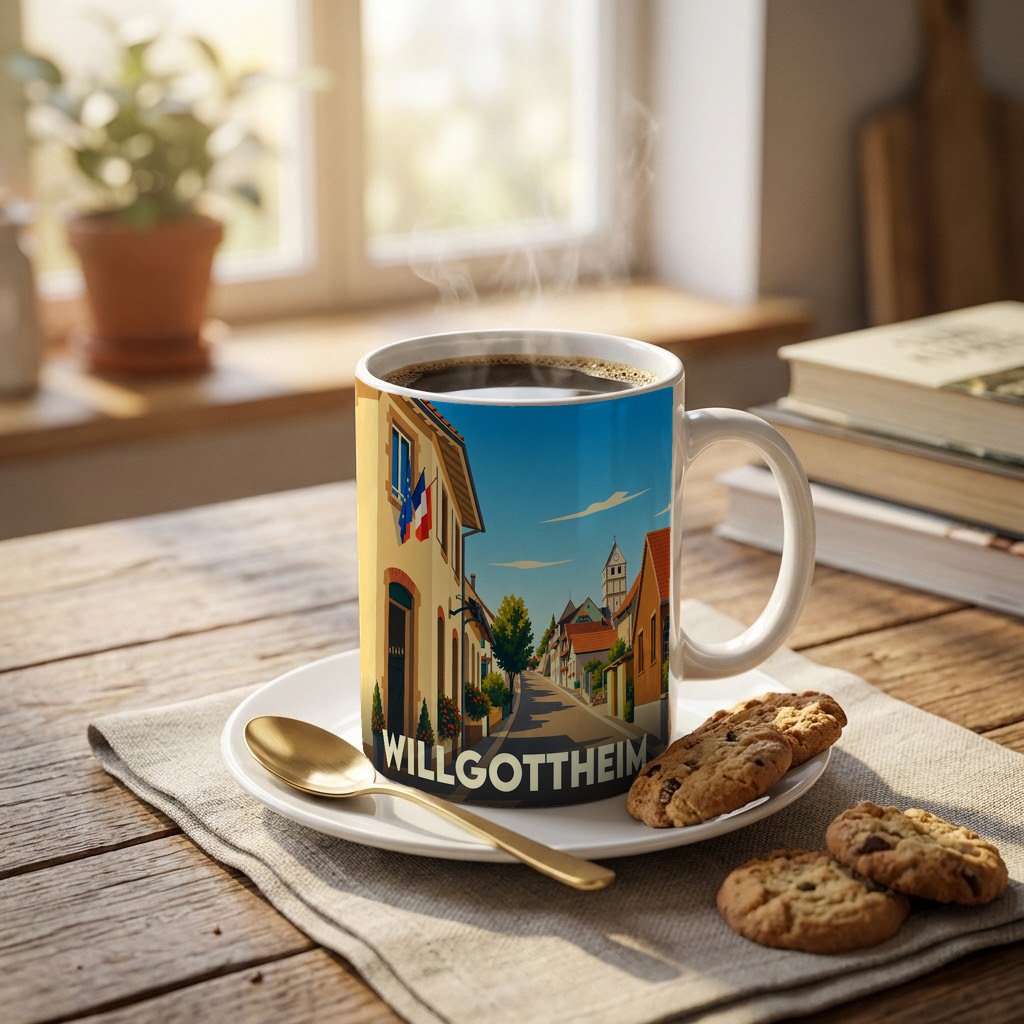 Mug souvenir de la ville de Willgottheim illustré d'une scène de rue pittoresque et colorée.