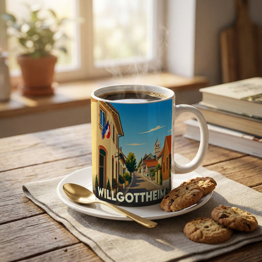Mug souvenir de la ville de Willgottheim illustré d'une scène de rue pittoresque et colorée.