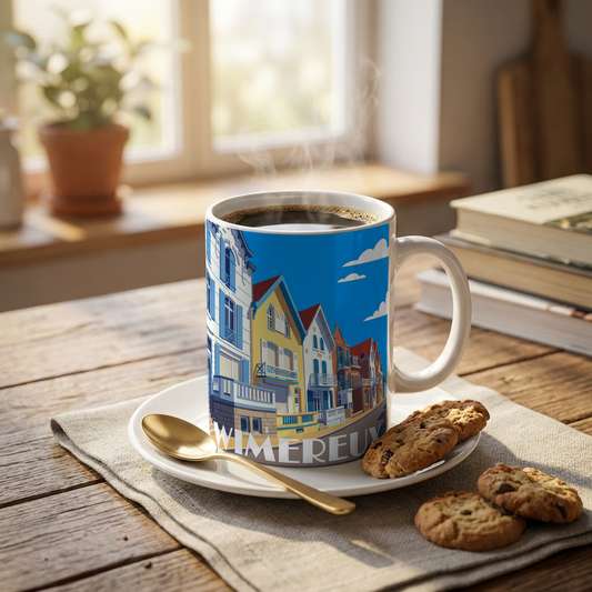 Mug souvenir de la ville de Wimereux avec une illustration stylisée de ses maisons colorées.