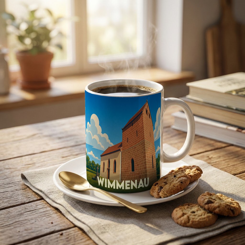 Mug souvenir de la ville de Wimmenau orné d'une illustration stylisée de son église.
