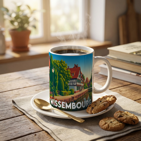 Mug souvenir de la ville de Wissembourg orné d'une illustration stylisée de ses maisons traditionnelles au bord de l'eau.