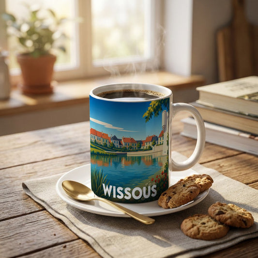 Mug souvenir de la ville de Wissous arborant une illustration colorée de ses paysages au bord de l'eau.