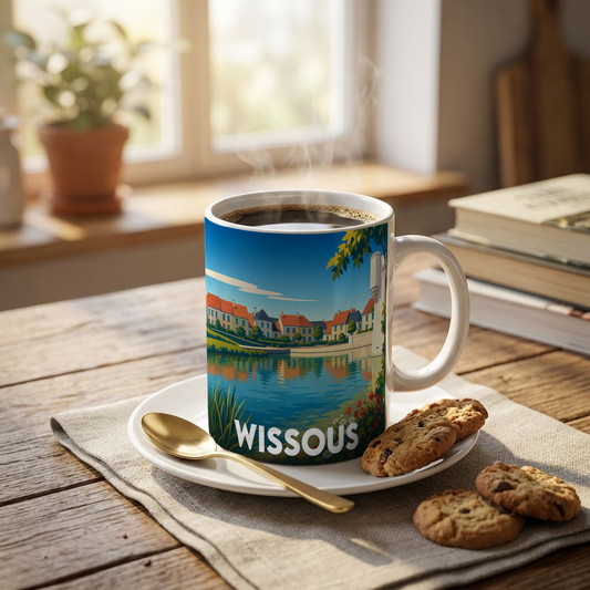 Mug souvenir de la ville de Wissous arborant une illustration colorée de ses paysages au bord de l'eau.