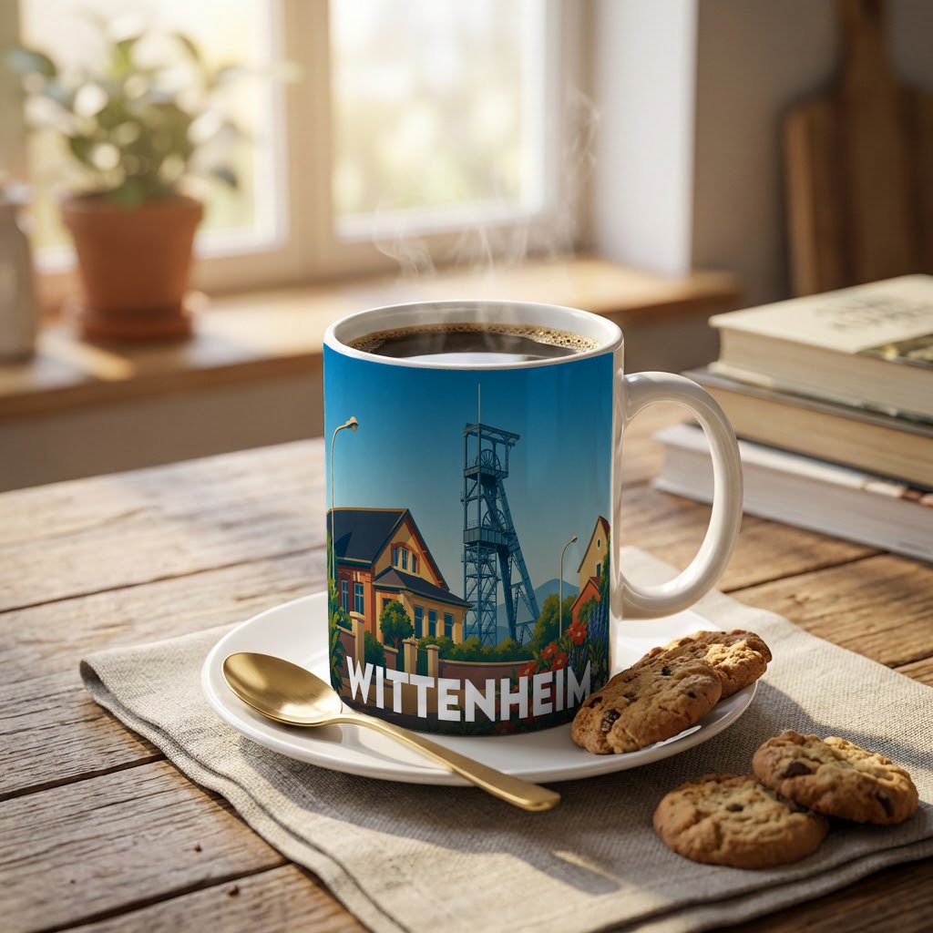 Mug souvenir de la ville de Wittenheim avec une illustration graphique stylisée.