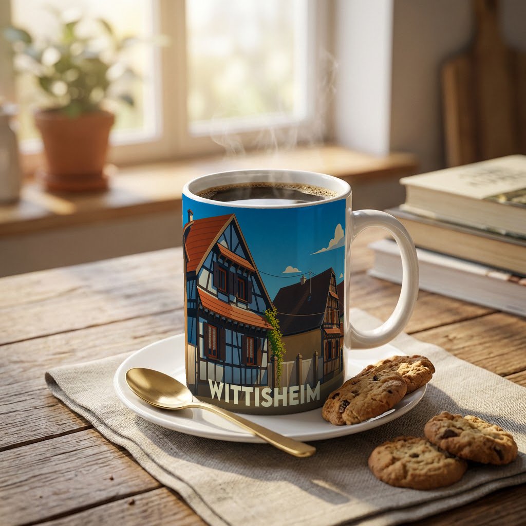 Mug souvenir de la ville de Wittisheim illustré par des maisons à colombages stylisées.