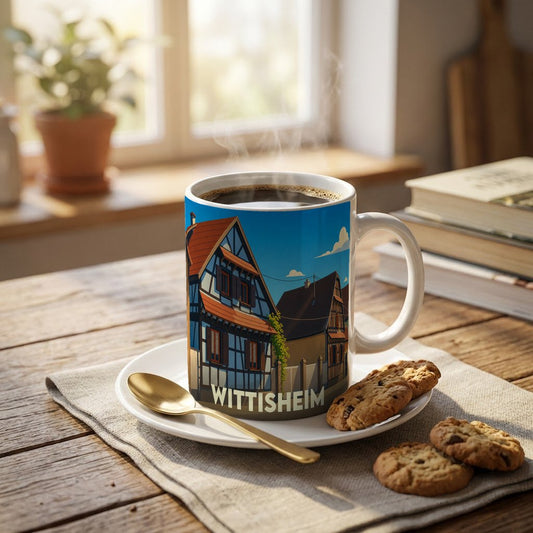 Mug souvenir de la ville de Wittisheim illustré par des maisons à colombages stylisées.
