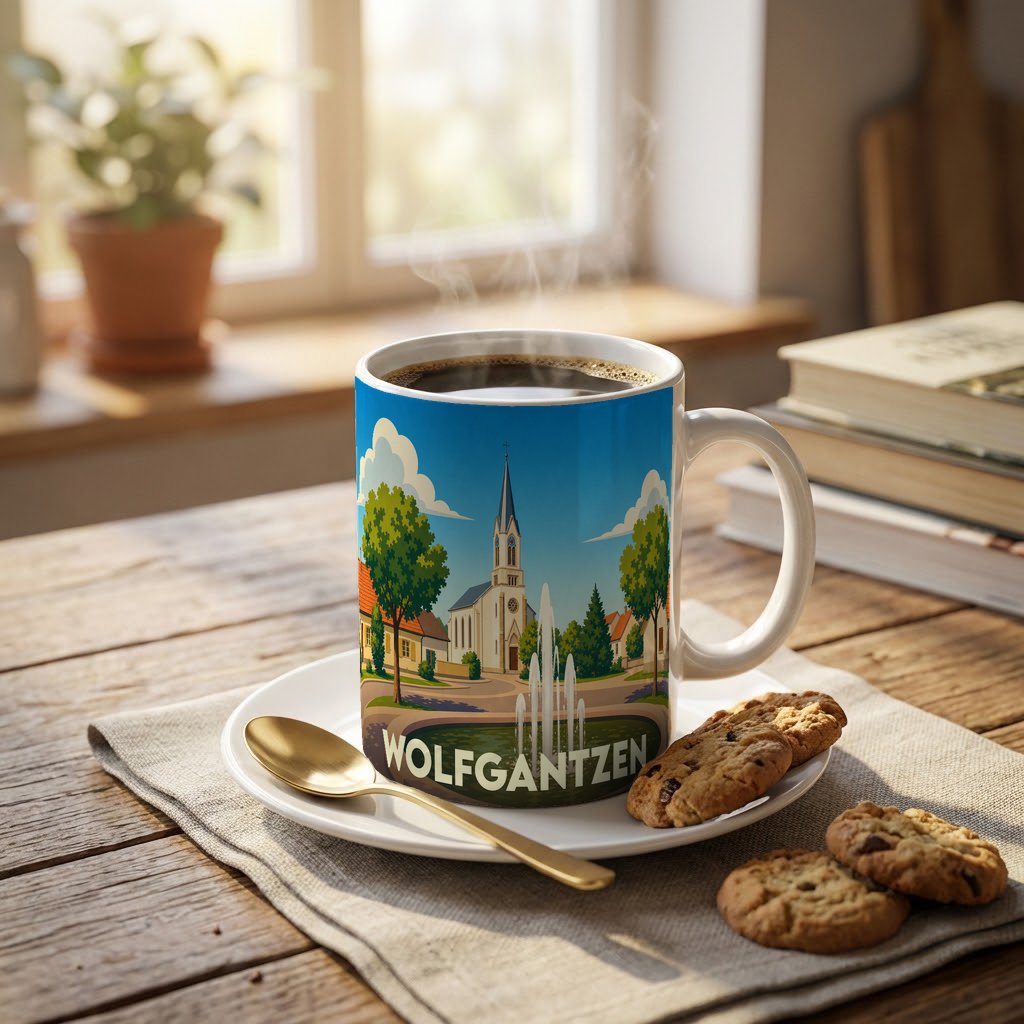 Mug souvenir de la ville de Wolfgantzen orné d'une illustration stylisée représentant son église et une fontaine.