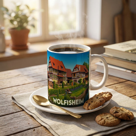 Mug souvenir de la ville de Wolfisheim avec une illustration stylisée de maisons à colombages.