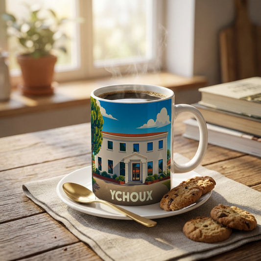 Mug souvenir de la ville d'Ychoux avec une illustration stylisée de son architecture.