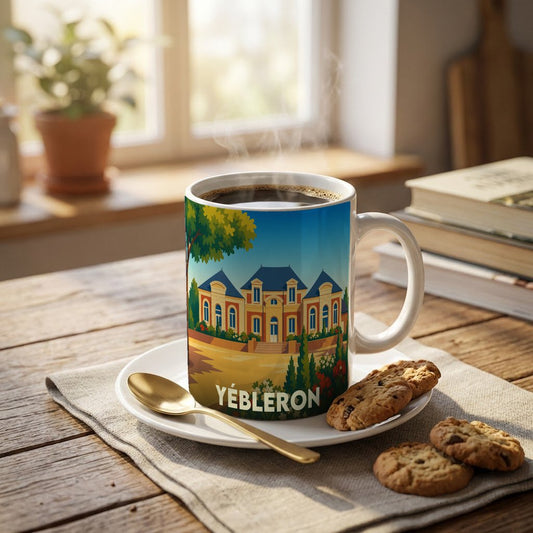 Mug souvenir de la ville de Yébleron illustré d'un manoir coloré dans un cadre verdoyant.
