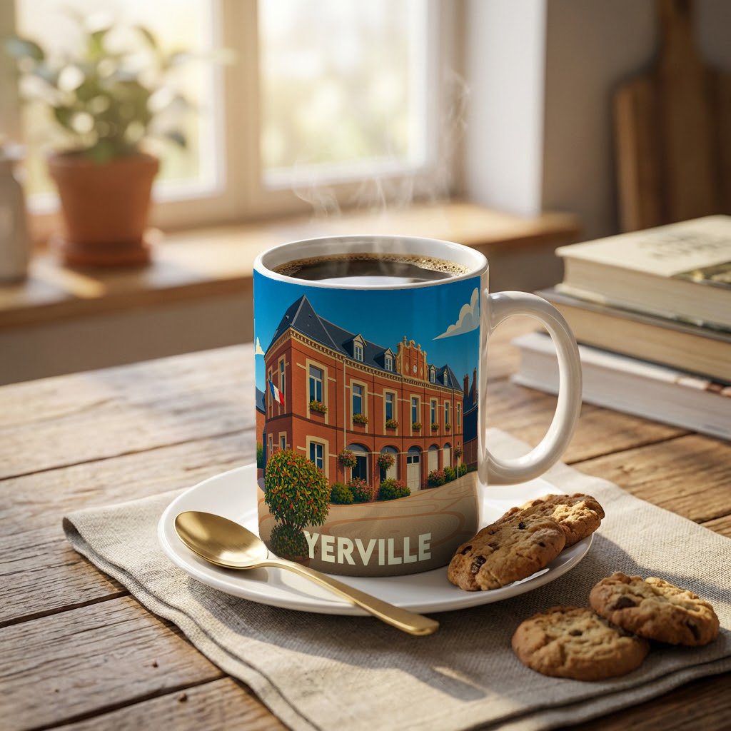 Mug souvenir de la ville de Yerville orné d'une illustration stylisée de son hôtel de ville.