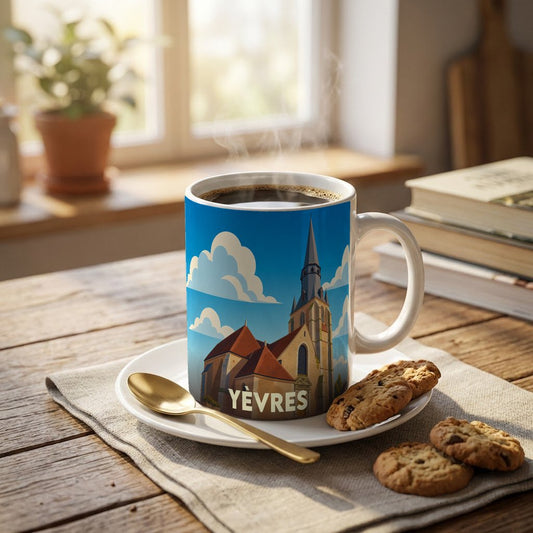 Mug souvenir de la ville de Yèvres illustré d'une église stylisée sous un ciel bleu.