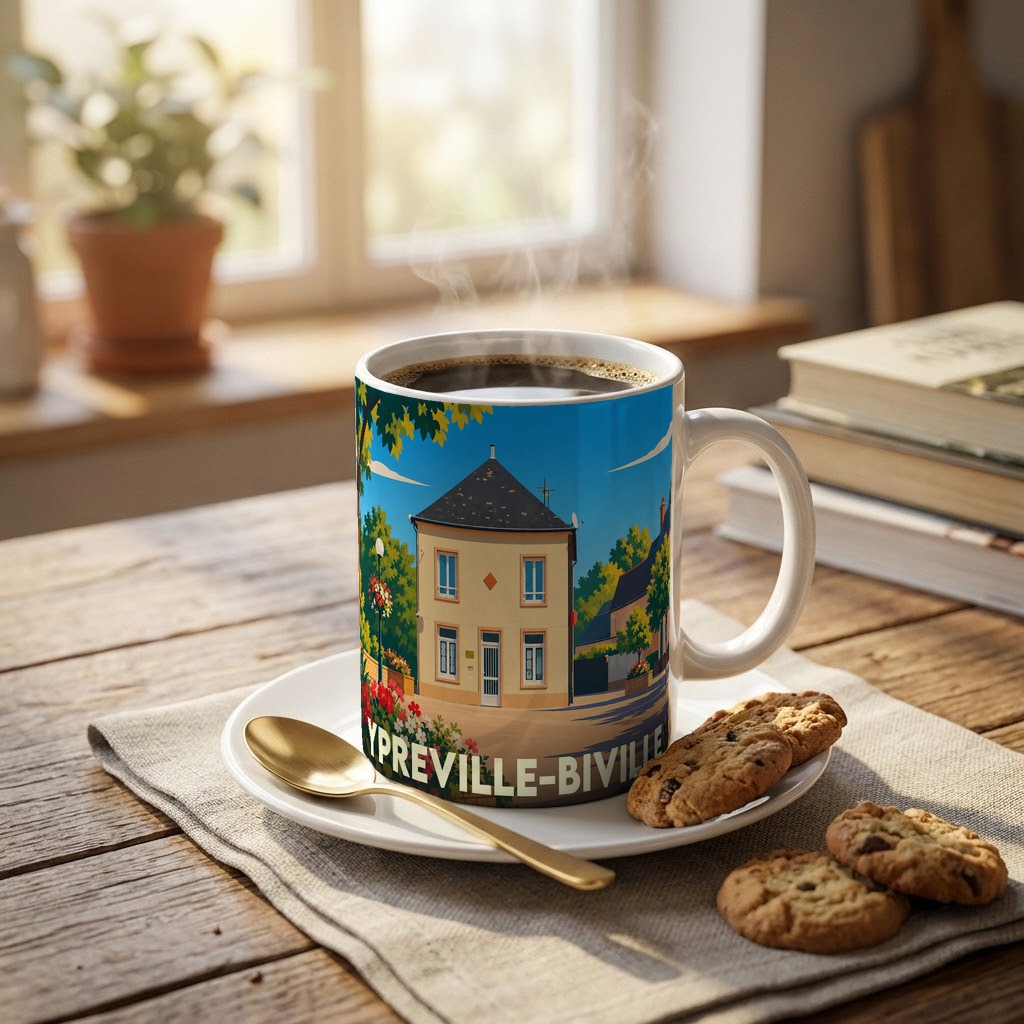 Mug souvenir de la ville d'Ypreville-Biville orné d'une illustration colorée et stylisée de son architecture locale.