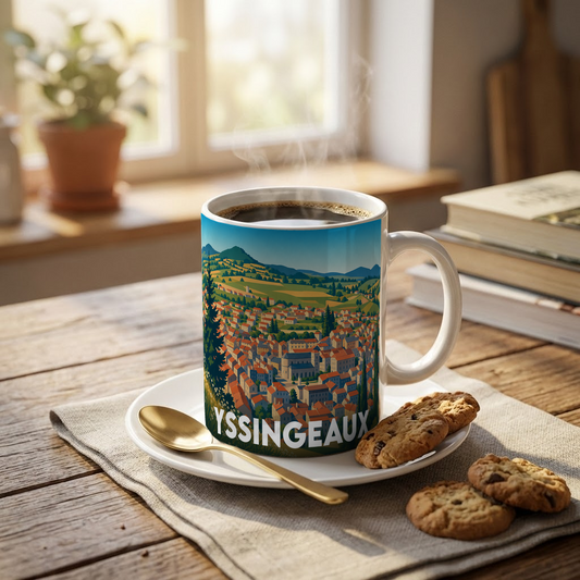 Mug souvenir de la ville d'Yssingeaux illustré d'un paysage urbain stylisé niché au cœur des montagnes.