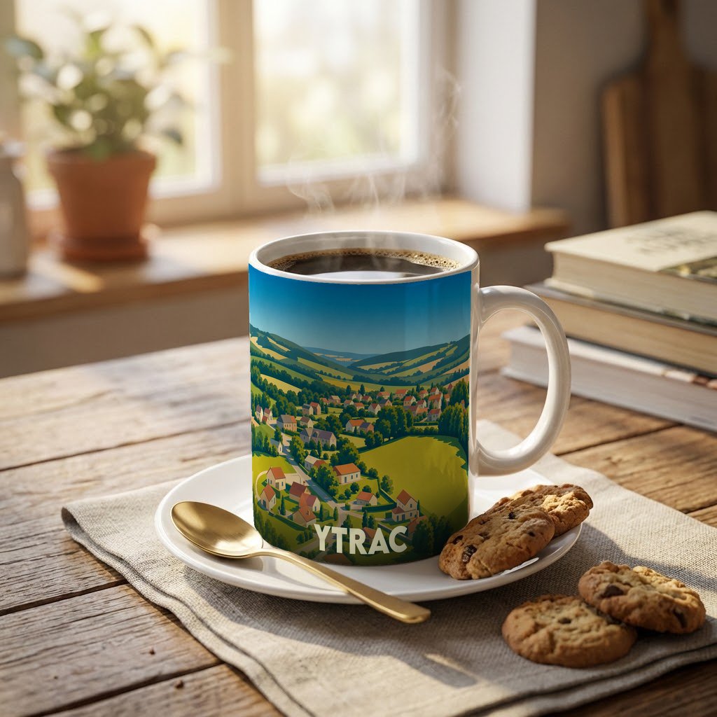 Mug souvenir de la ville d'Ytrac avec une illustration stylisée d'un paysage rural.