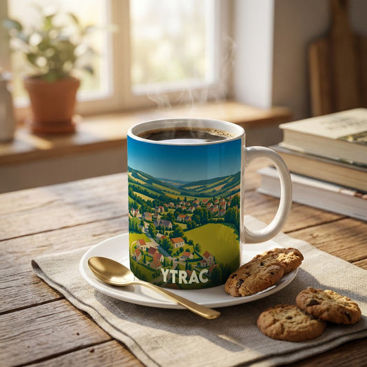 Mug souvenir de la ville d'Ytrac avec une illustration stylisée d'un paysage rural.