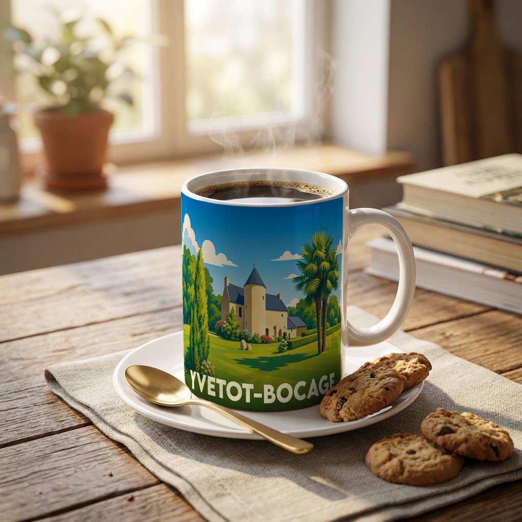 Mug souvenir de la ville d'Yvetot-Bocage avec une illustration de château et de paysages verdoyants.