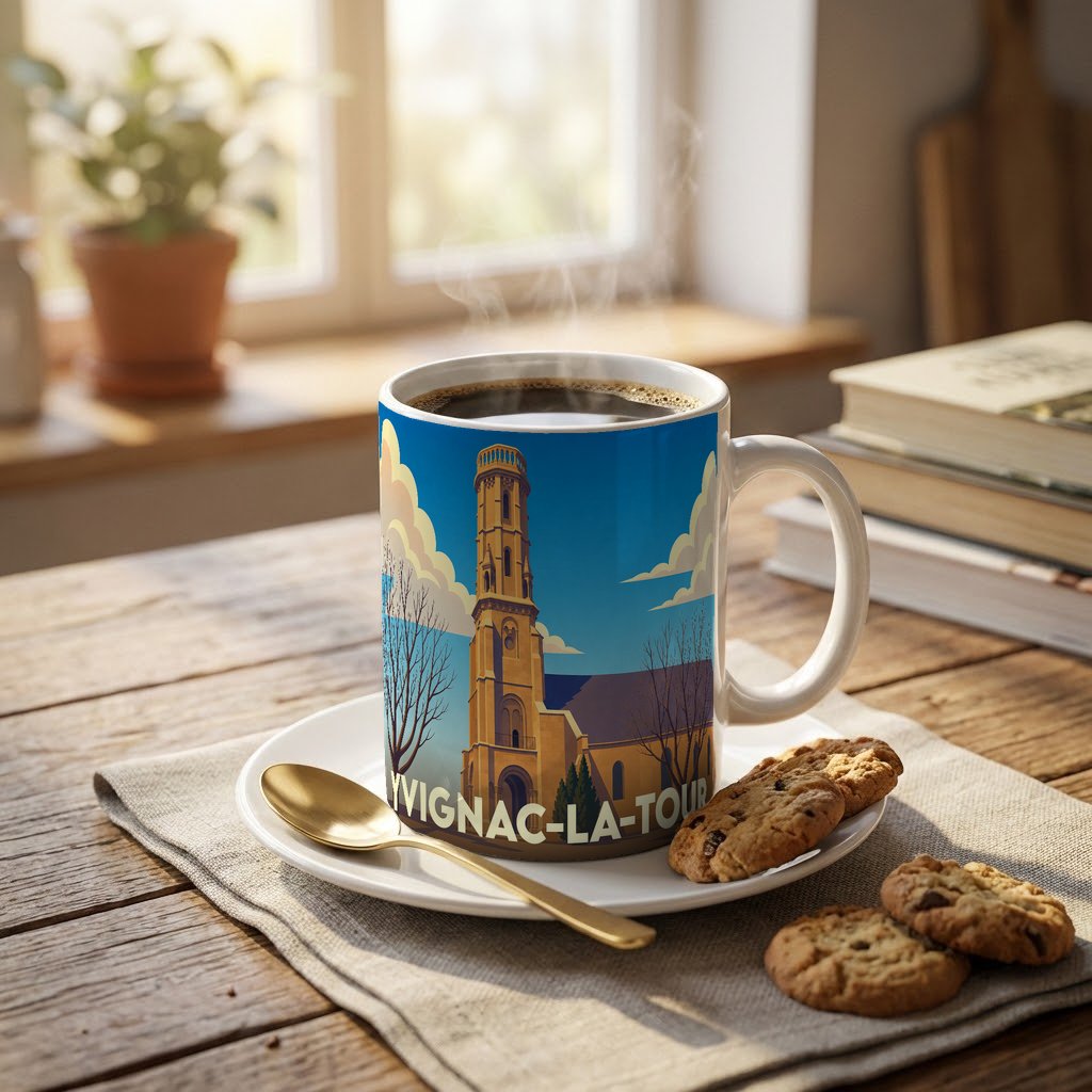 Mug souvenir de la ville d'Yvignac-la-Tour orné d'une illustration stylisée de son église et de son clocher.