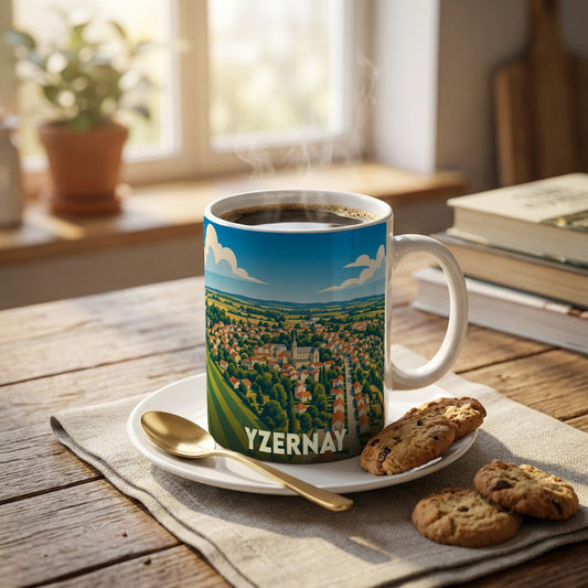 Mug souvenir de la ville de Yzernay illustré d'un paysage urbain stylisé.