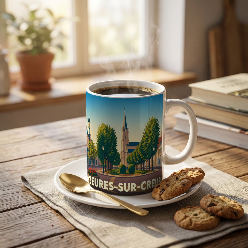 Mug souvenir de la ville d'Yzeures-sur-Creuse orné d'une illustration stylisée de son église et d'une allée d'arbres.