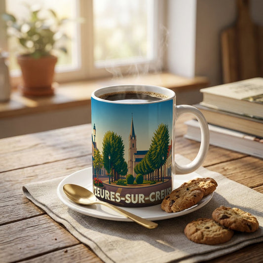 Mug souvenir de la ville d'Yzeures-sur-Creuse orné d'une illustration stylisée de son église et d'une allée d'arbres.