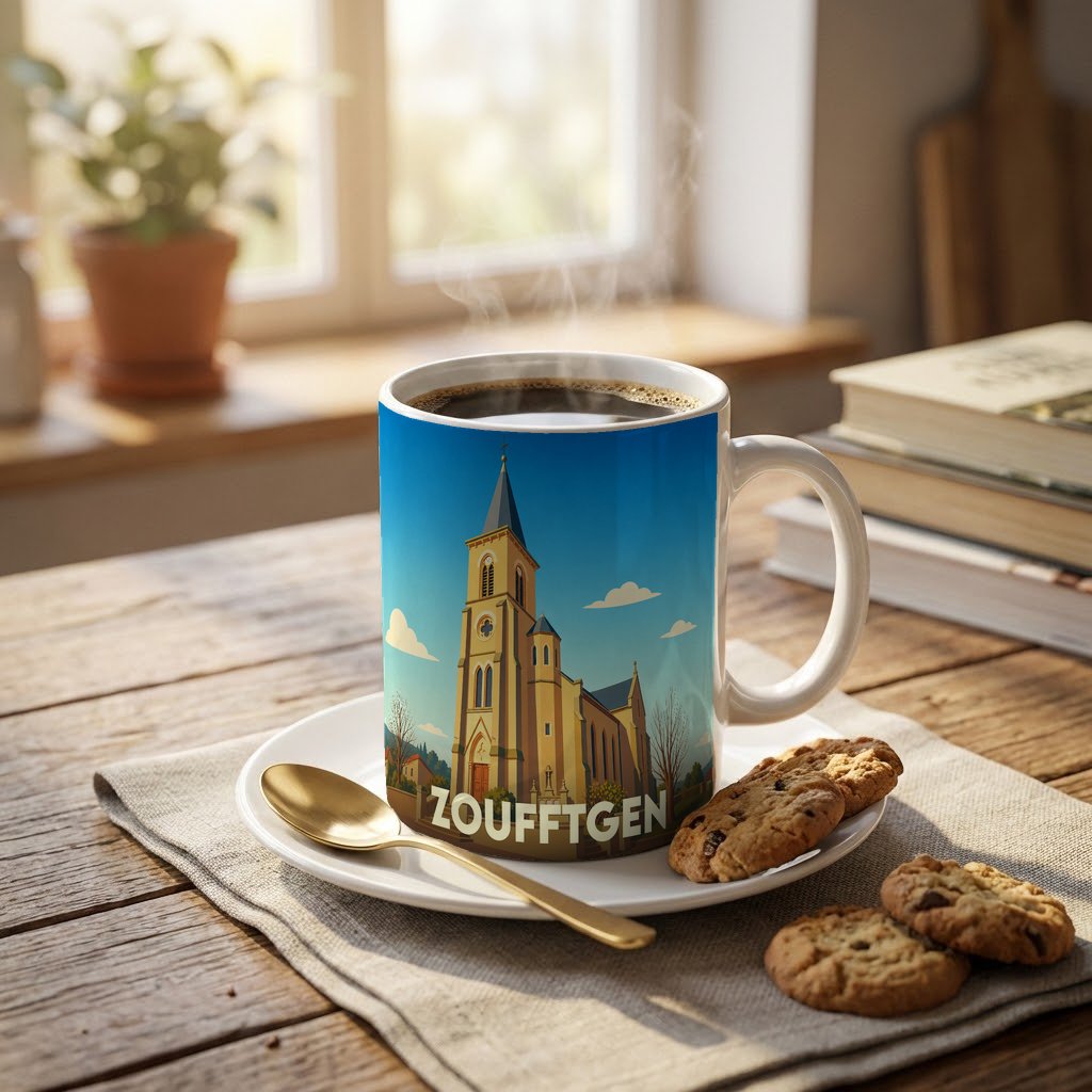 Mug souvenir de la ville de Zoufftgen orné d'une illustration stylisée de son église.